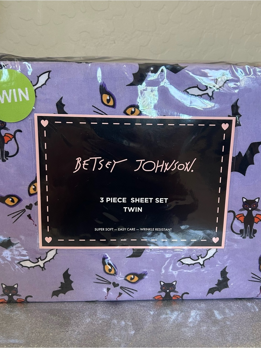 New Betsey Johnson 3 piece Twin Sheet Bed Set Lavender Purple Halloween Cat Bats